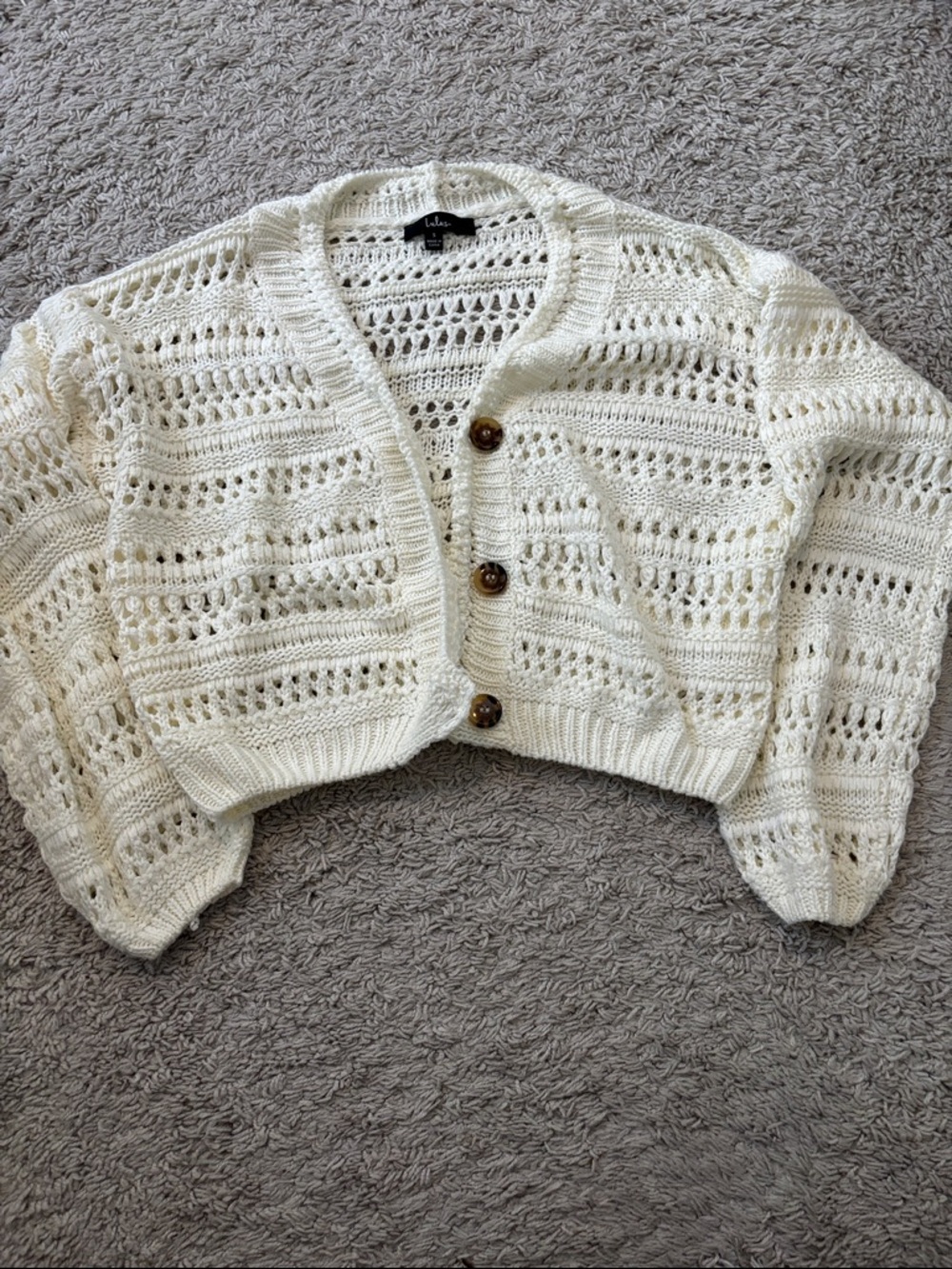 Lulu's Ivory Open-Knit Cropped Cardigan with Wooden Buttons